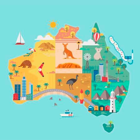 Map of Australia. Colorful landmarks. Vector illustration