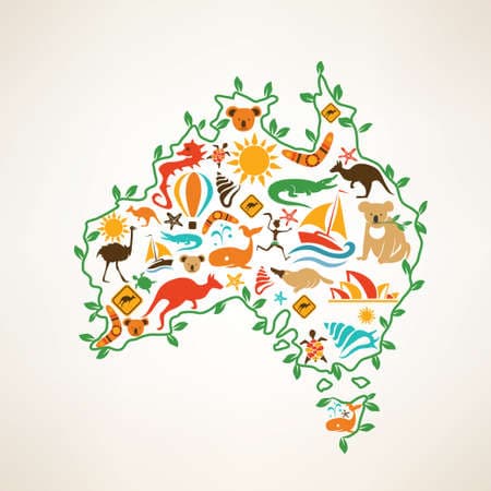 Australia travel map, decrative symbol of Australia continent with ethnic vector icons