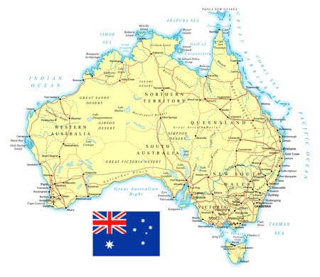 Large detailed road map of Australia and national flag.