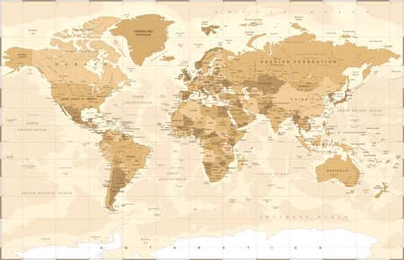 Political vintage golden world map vector illustration.