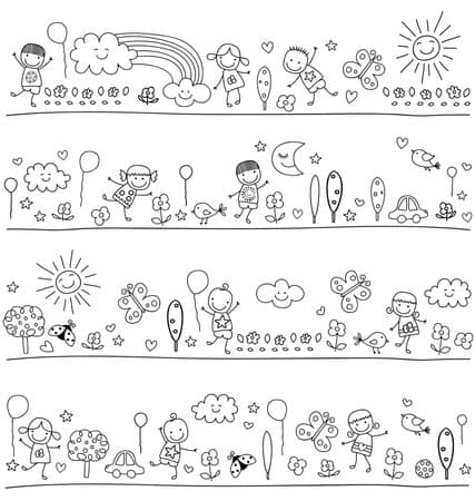 black and white pattern for children with cute nature elements, child like drawing style