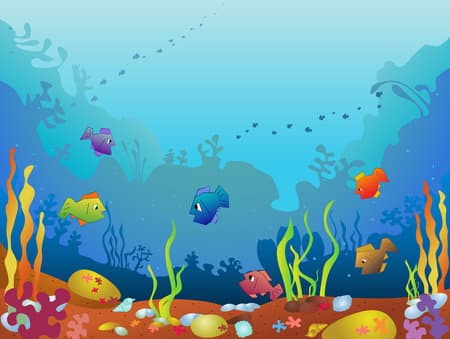 Marine animals and plants, colored cartoon with marine life. Various types of algae and shells. Vector illustration