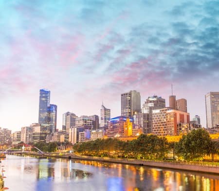 Skyline of Melbourne at dusk time, Australia.