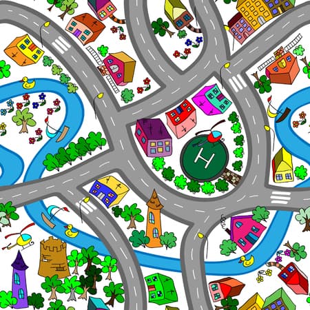 Cartoon map seamless pattern. (roads, cars and houses)
