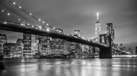 Brooklyn bridge and New York City Manhattan downtown skyline at dusk with skyscrapers illuminated over East River panorama. Copy space. Black and white image.