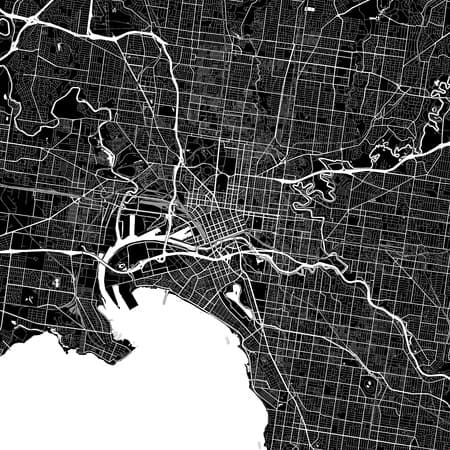 Area map of Melbourne, Australia. Dark background version for infographic and marketing projects. This map of Melbourne, Victoria, contains typical landmarks with streets, waterways and railways for additional information and easy access to color changes.