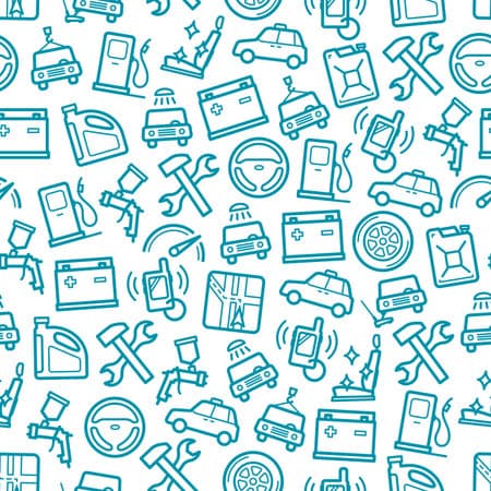 Car and transport parts seamless pattern. Vector background of car wheels and tires, petroleum fuel canister, security remote and spanner with wrench tool, oil and accumulator or gas station