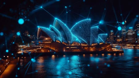 Sydney Opera House Connected, Iconic Landmark in a Digital Network at Night, Australia